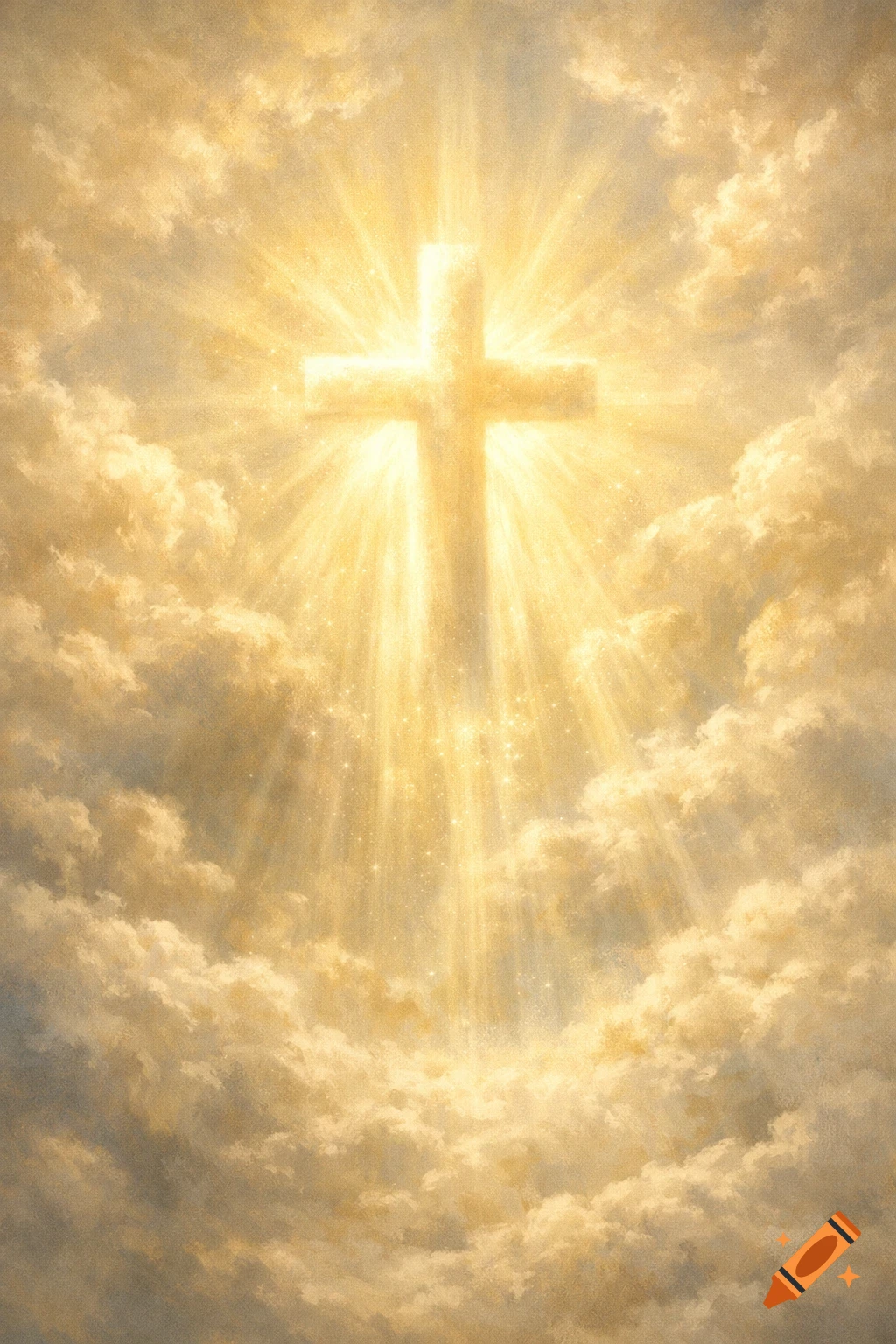 A radiant golden cross emerges from bright clouds, bathed in brilliant light rays and sparkling particles, evoking a spiritual scene.