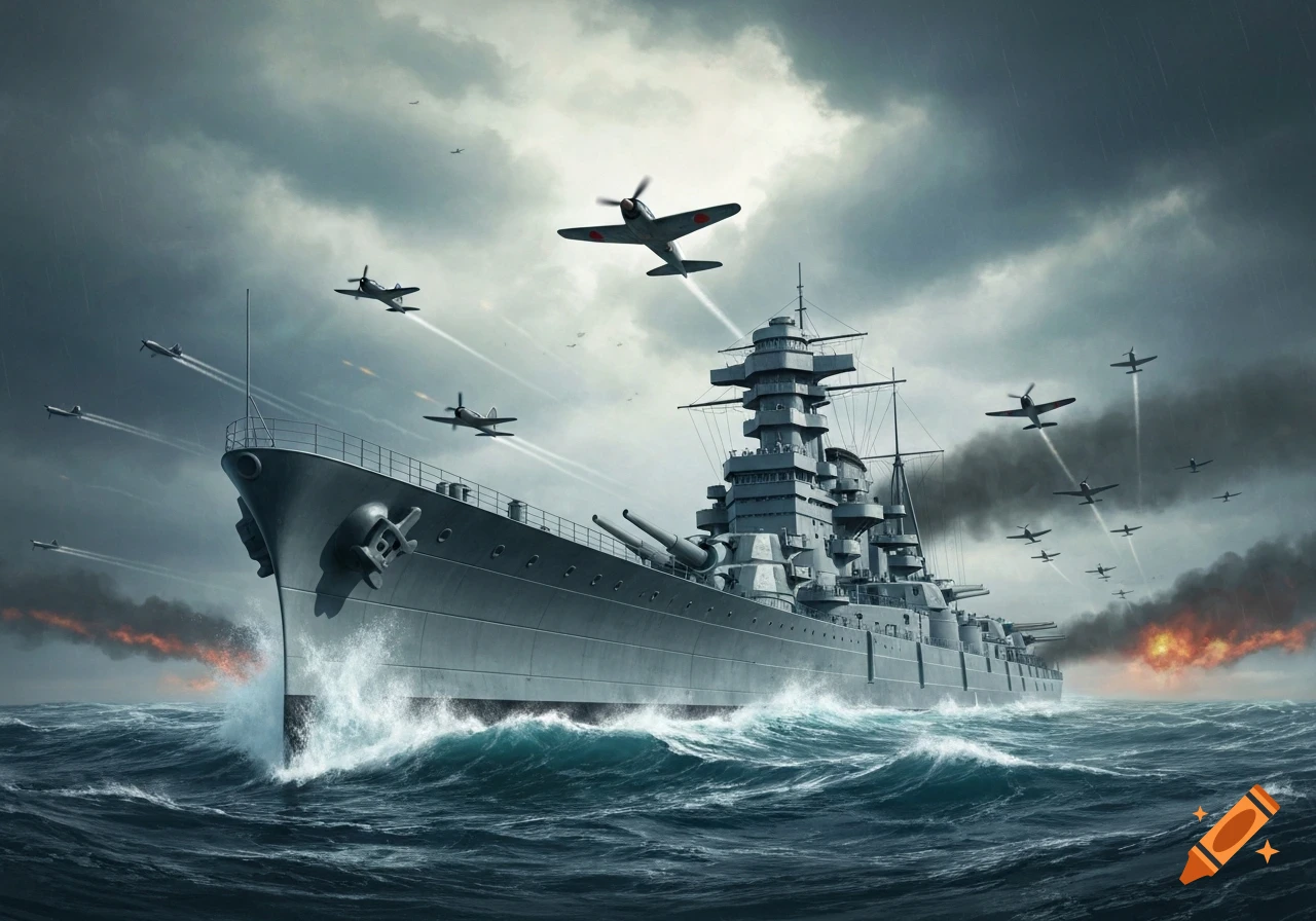 A detailed illustration of a battleship on a stormy sea, with several fighter planes flying overhead amidst smoke and rain.