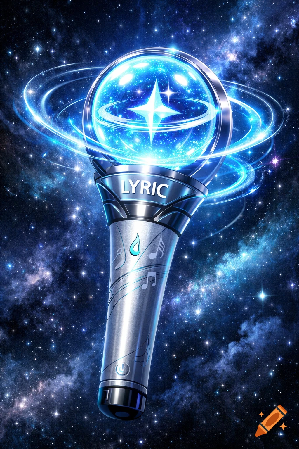 A glowing blue K-pop light stick with 'LYRIC' on its handle, surrounded by swirling light rings and a starry cosmic background.