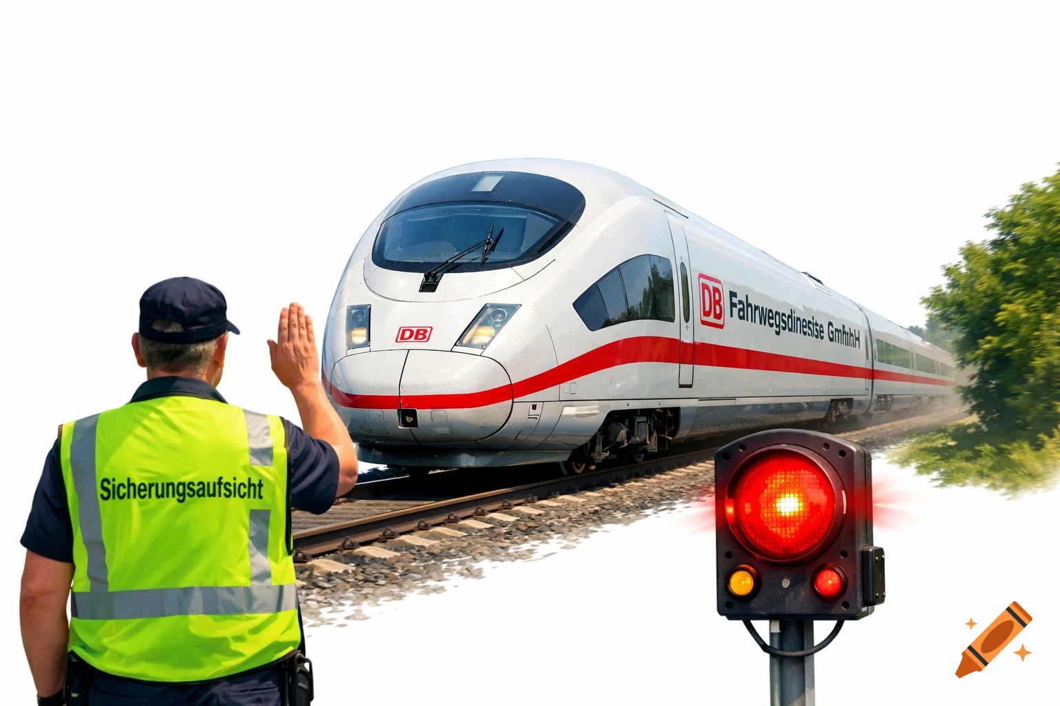 A man in a safety vest raises his hand towards a white and red Deutsche Bahn ICE train on tracks, next to a red signal.