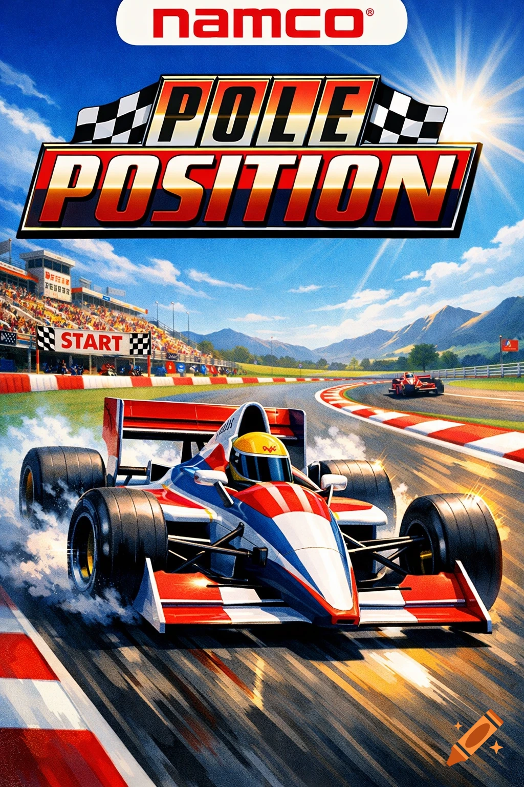 A colorful retro video game cover for Namco's Pole Position, featuring a red, white, and blue Formula 1 race car on a track.