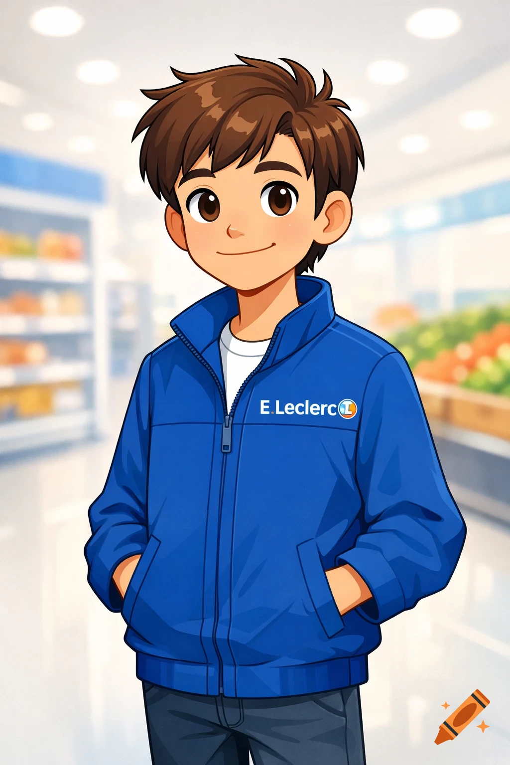 Cartoon boy in a blue jacket with an E. Leclerc logo, smiling in a supermarket aisle.