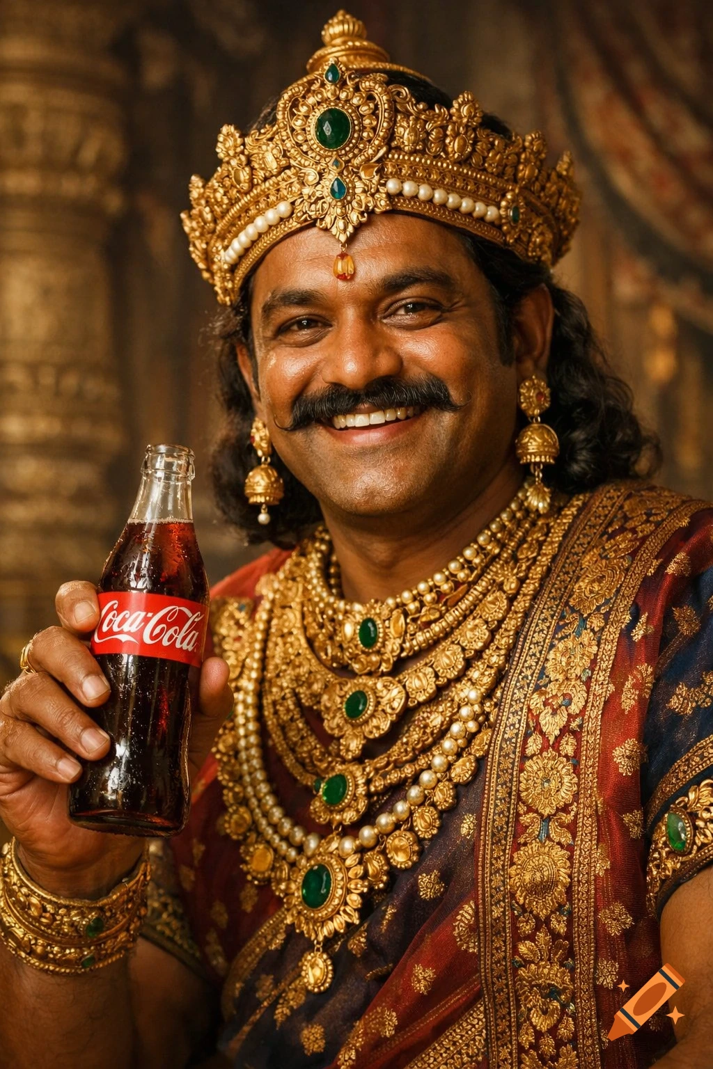 A smiling South Indian king in elaborate golden royal attire and crown, holding a Coca-Cola bottle.