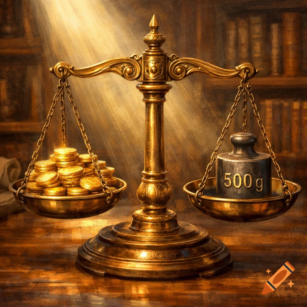 Vintage brass balance scale with gold coins and a '500g' weight, illuminated by golden light in a dim study.