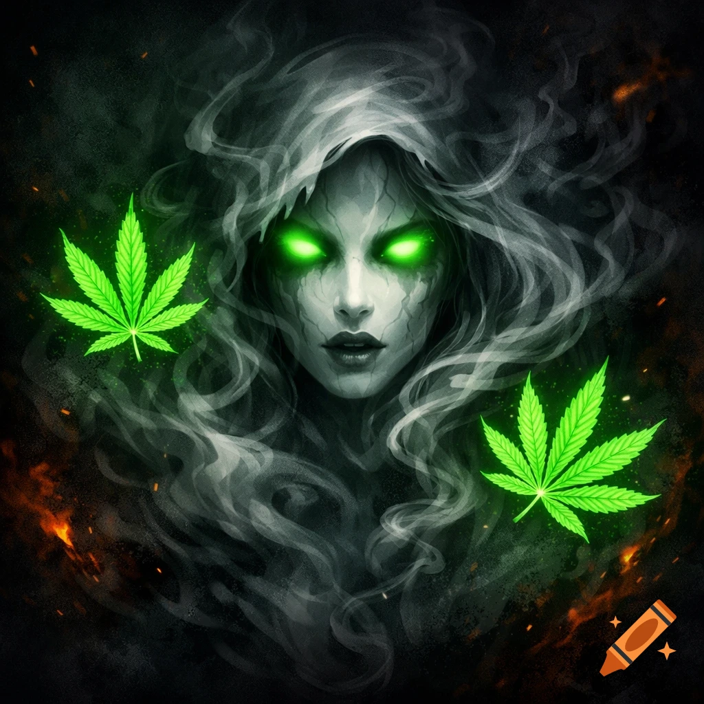 Dark digital art of a ghostly banshee face with glowing green eyes, surrounded by smoke and vibrant green cannabis leaves.