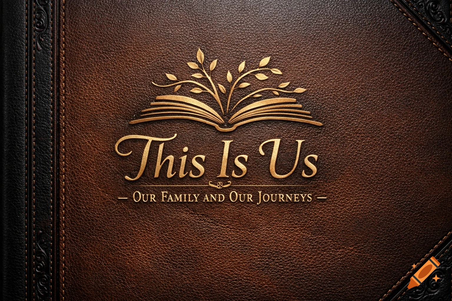 Brown leather book cover with gold embossed text "This Is Us - Our Family and Our Journeys" and a stylized open book with leaves.