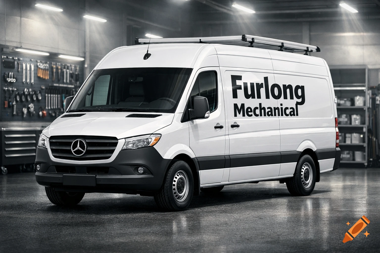 A photorealistic white Mercedes Sprinter van with Furlong Mechanical on its side, parked in a garage.