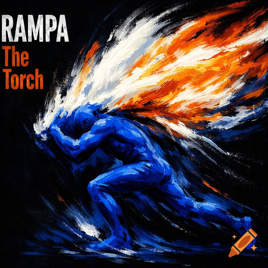 Abstract painting of a dynamic blue figure running, carrying a white and orange torch-like flame; text 'RAMPA The Torch' on left.