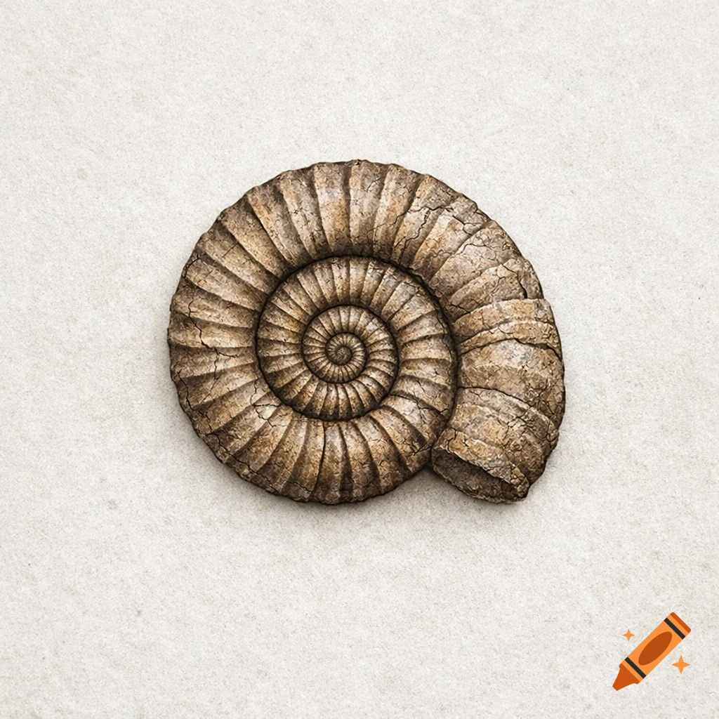 Realistic brown ammonite shell fossil with a textured stone surface on a light background.