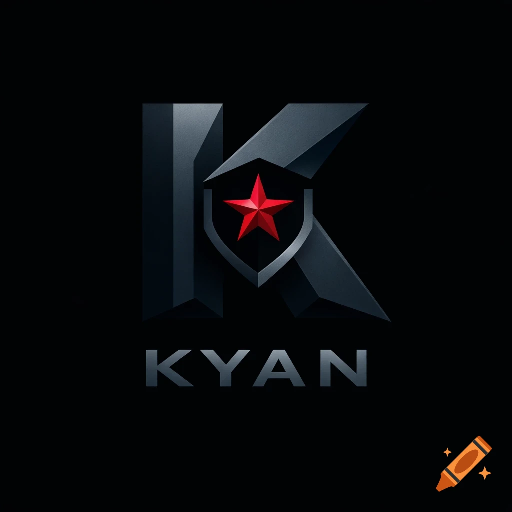 A dark grey stylized letter 'K' with a shield containing a red star, and the word 'KYAN' below, on a black background.