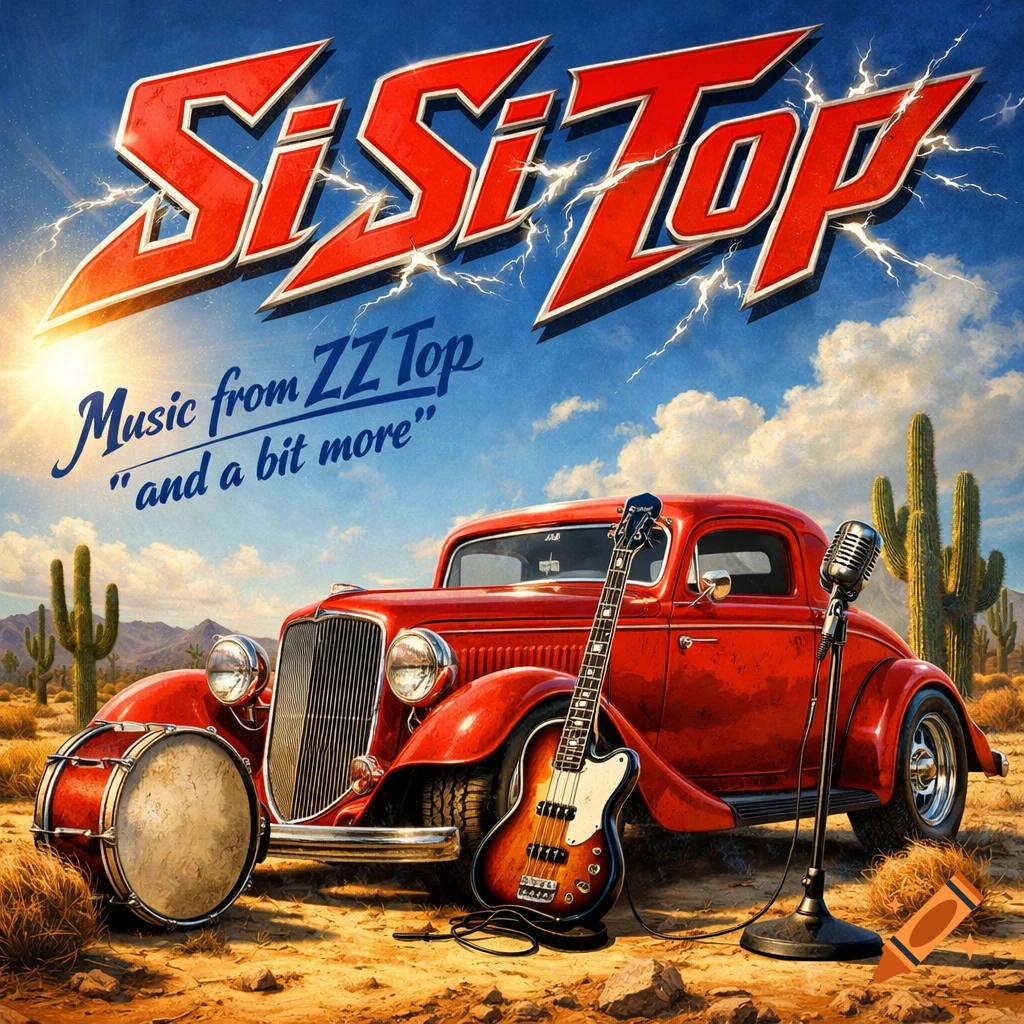 An album cover with a red vintage Ford Coupe in a desert, with a drum, bass guitar, and microphone. "Si Si Top" and "Music from ZZ Top 'and a bit more'" text is at the top.