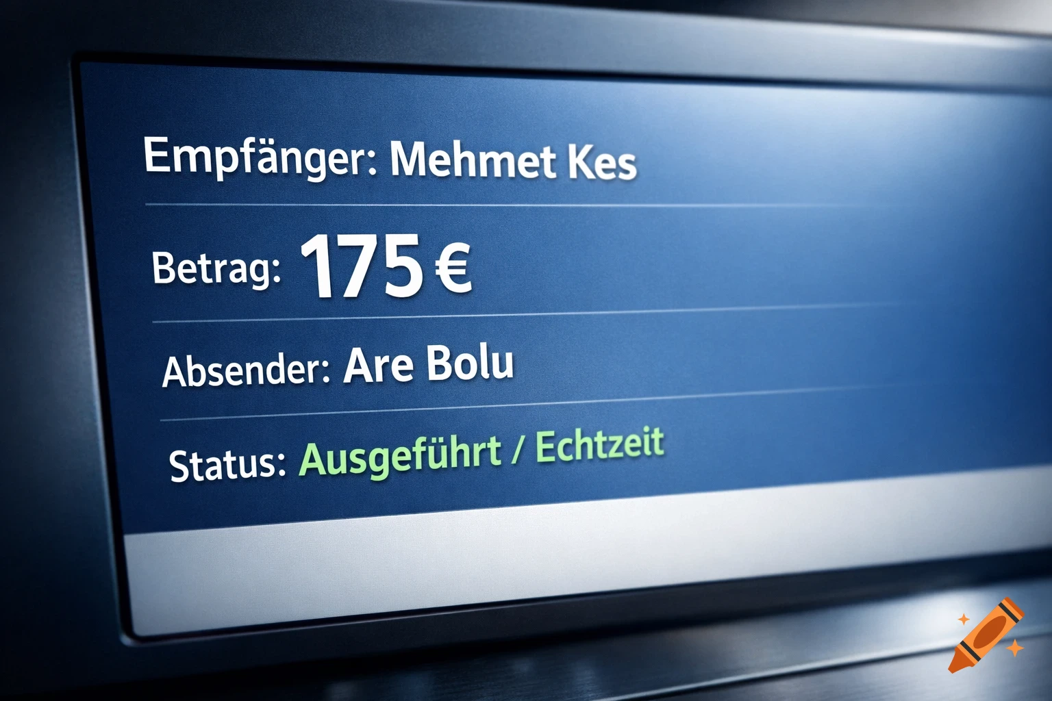 Close-up of a blue digital screen showing a 175 Euro money transfer from Are Bolu to Mehmet Kes, status 'Ausgeführt / Echtzeit'.