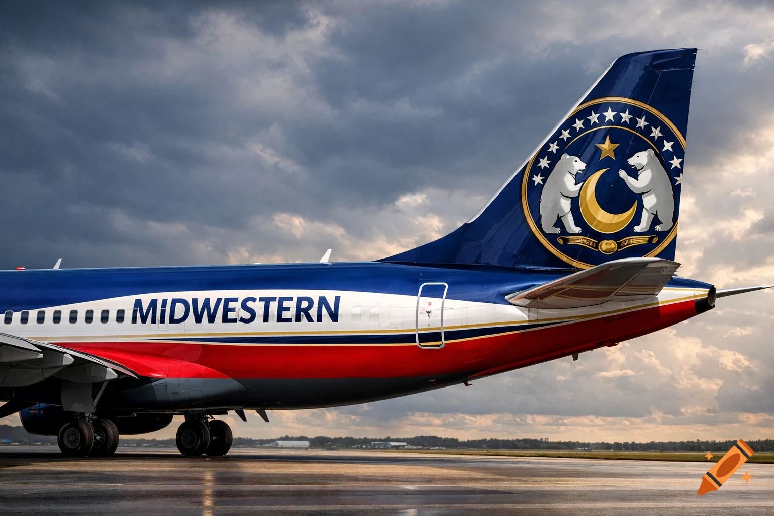 A blue, white, and red 'MIDWESTERN' airplane with a bear and moon emblem on its tail, on a tarmac under a cloudy sky.