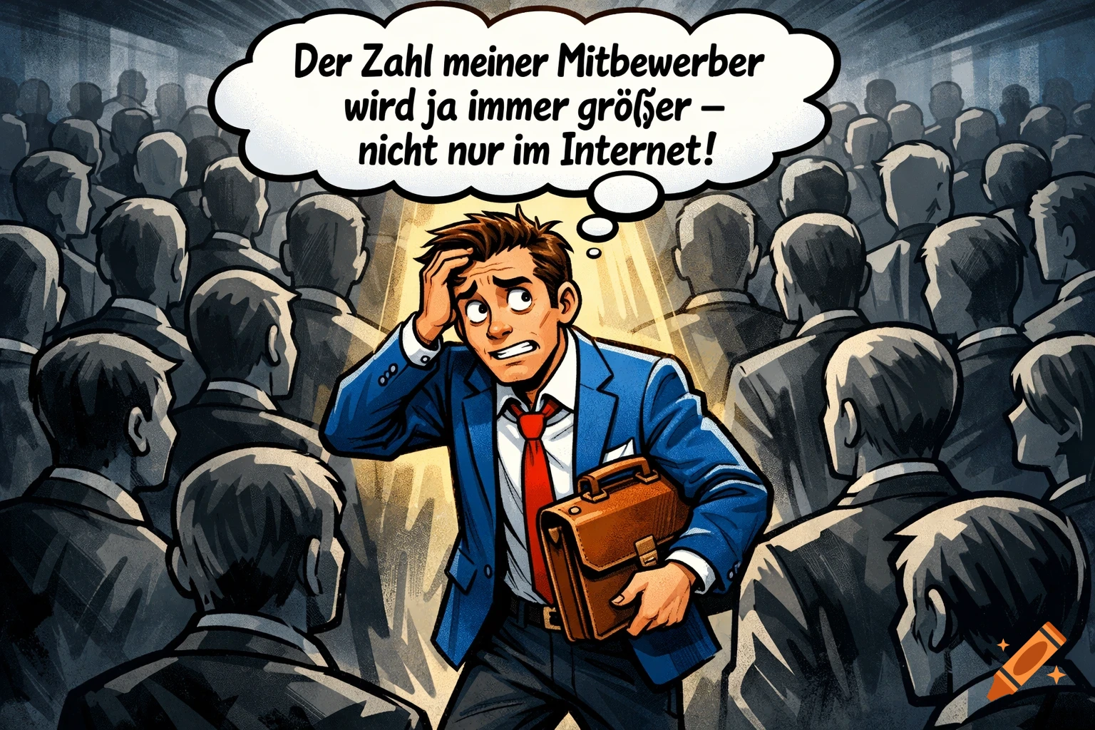 A stressed man in a blue suit holds a briefcase, surrounded by a crowd of grey-suited men, with a thought bubble above his head. Comic style.