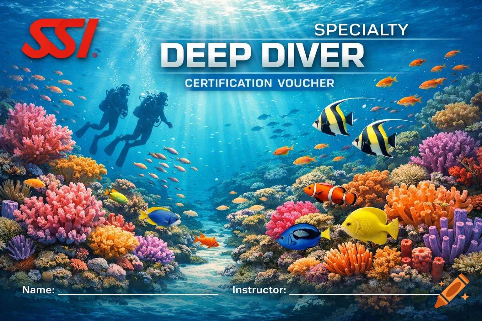 Underwater scene with two divers, colorful coral, and fish, featuring text for a "SSI Specialty Deep Diver Certification Voucher".