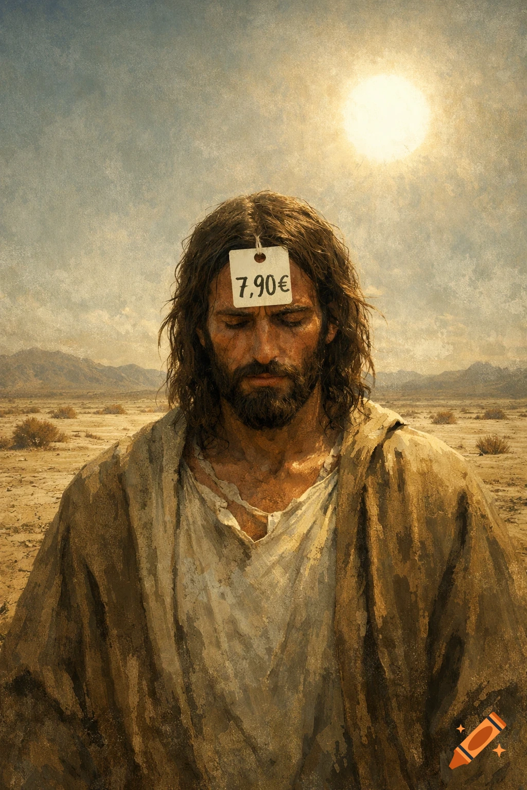 Jesus stands in a vast desert under a bright sun, with a price tag displaying "7,90 €" affixed to his forehead. Painterly style.