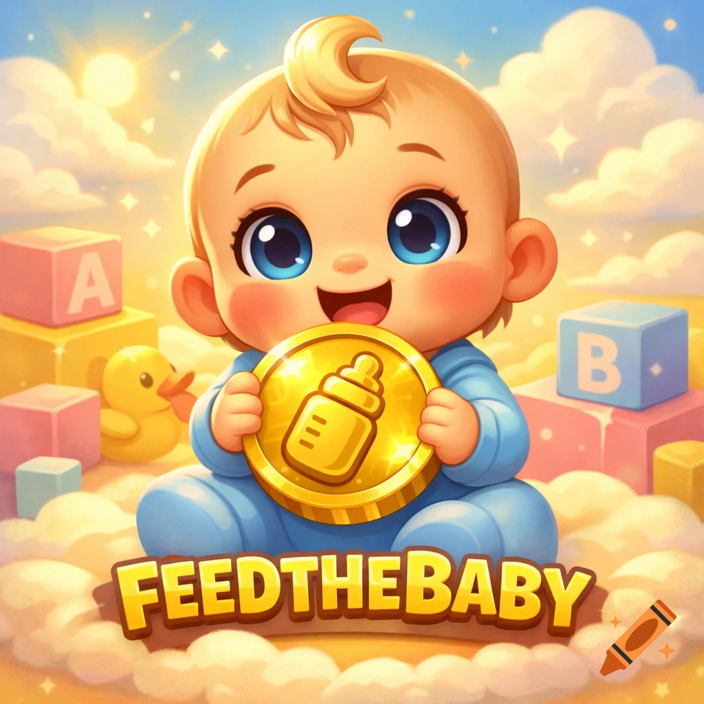 A cheerful cartoon baby with big blue eyes holds a gold coin with a baby bottle icon, surrounded by toy blocks, a rubber duck, and a bright background. The text "FEEDTHEBABY" is at the bottom.