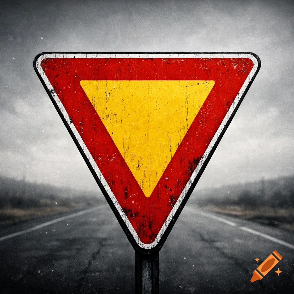 A weathered red and yellow yield sign stands on a dark, overcast road, with a grunge texture.
