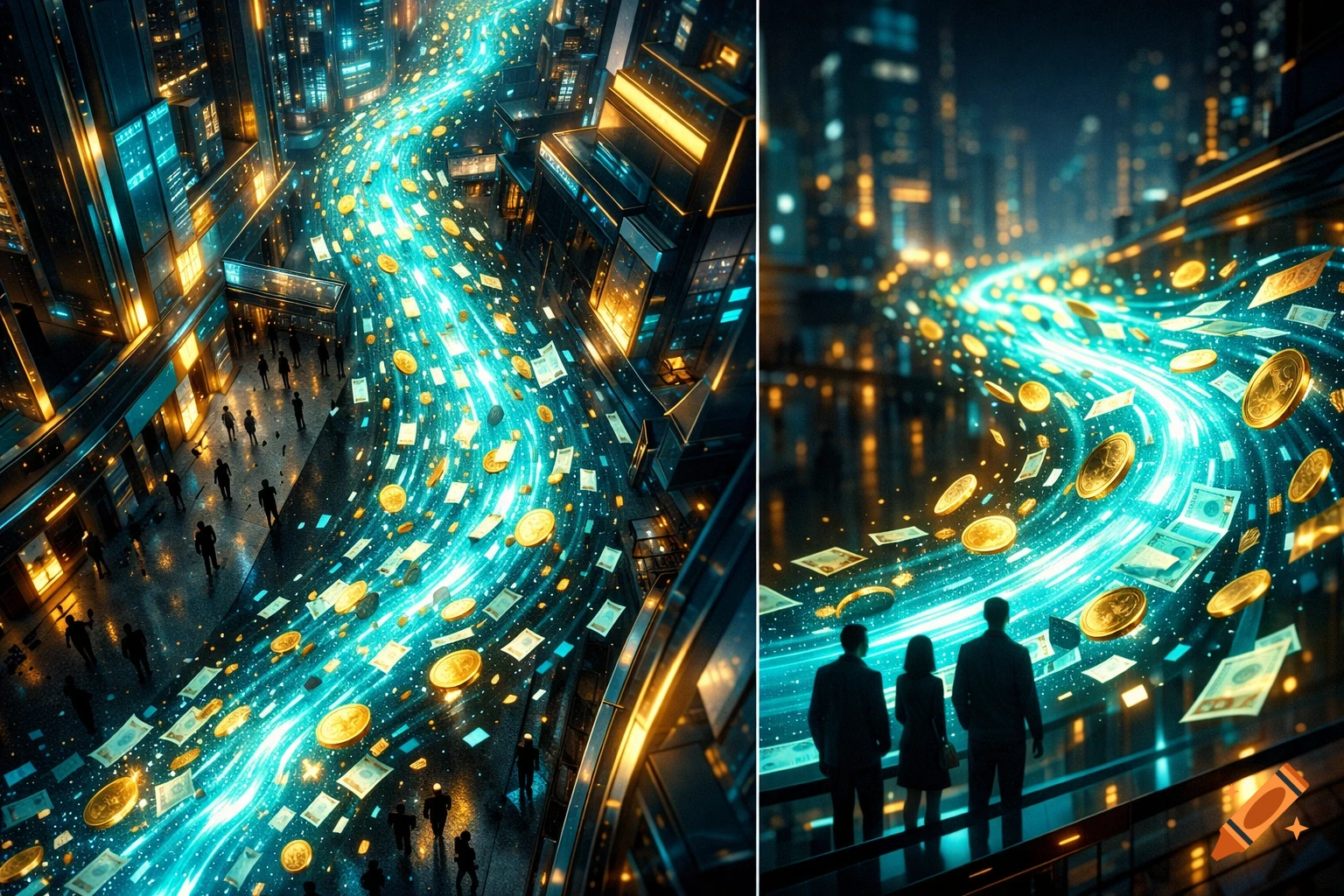 Futuristic cityscape at night with glowing cyan money streams carrying gold coins and bills, observed by silhouetted people.