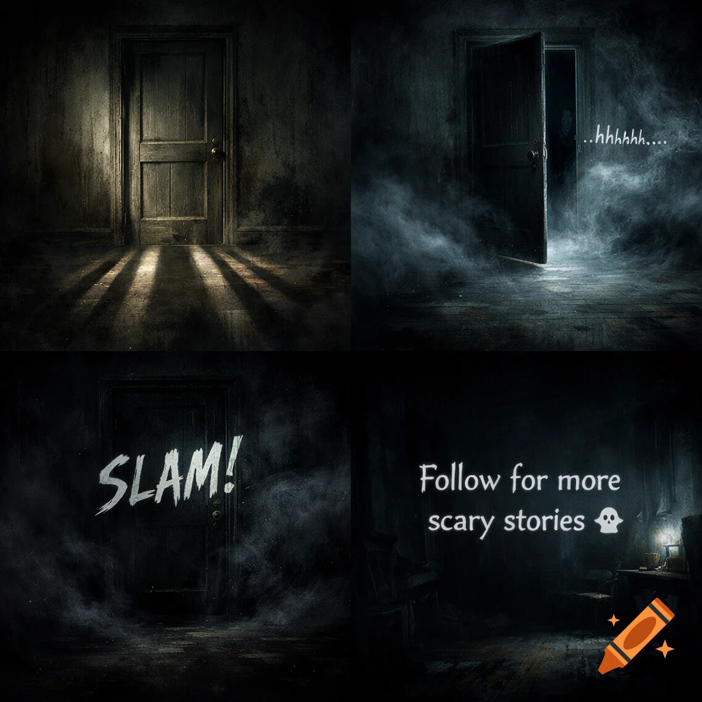 A four-panel horror scene: A dark room with a closed door, then an open door with mist, then text 'SLAM!', and finally 'Follow for more scary stories 👻'.