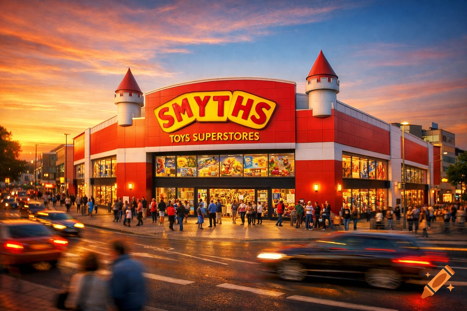 Photorealistic view of a red and white Smyths Toys Superstores building on a busy urban street at sunset, with cars and pedestrians.
