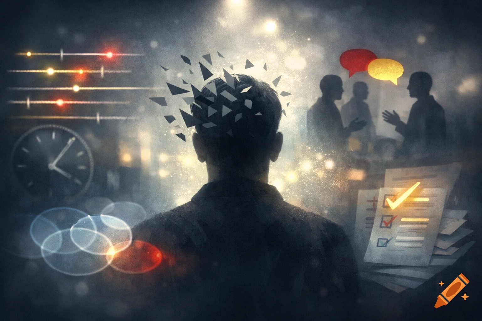 Conceptual art of a person's head shattering, surrounded by symbols of time, data, communication, and tasks, representing anxiety.