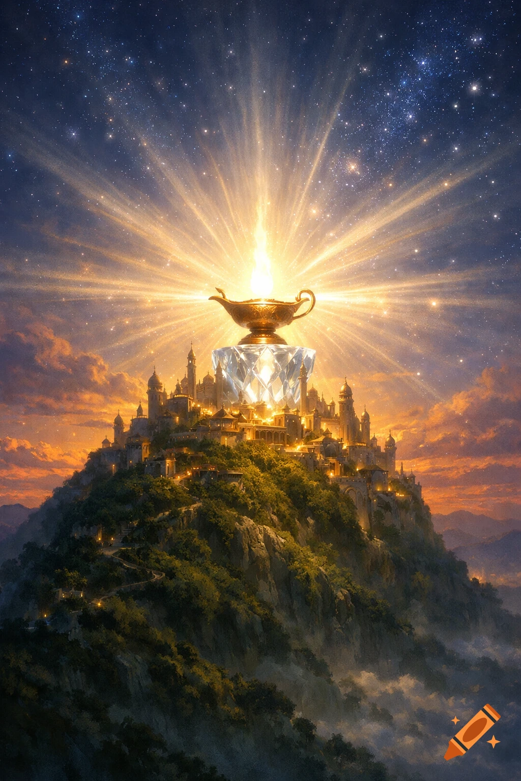 A golden lamp on a crystal base, shining brightly over a fantastical city on a hill, beneath a starry night sky with warm clouds.