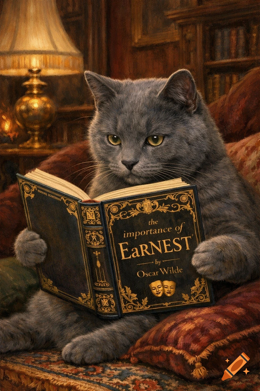 A grey Chartreux cat with golden eyes sits in a Victorian-style room, reading a book titled "the importance of EaRNEST" by Oscar Wilde.