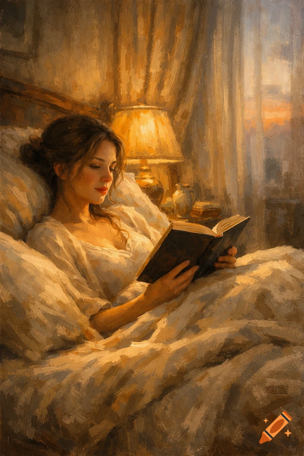 Oil painting of a woman reading a book in bed, illuminated by warm lamplight, with a window showing a sunset.