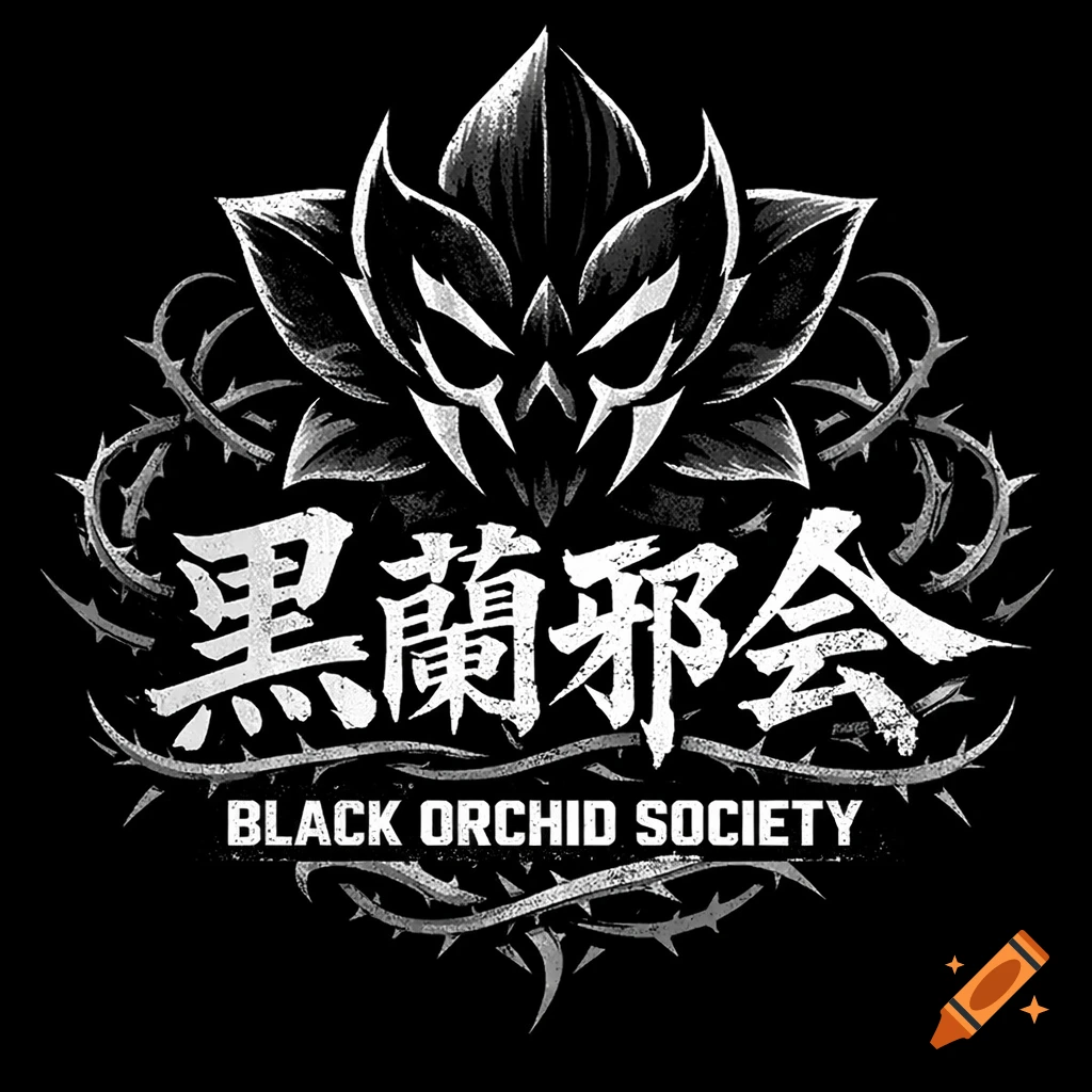 A black and white logo featuring a stylized orchid, thorns, Japanese characters, and the text "BLACK ORCHID SOCIETY" below.