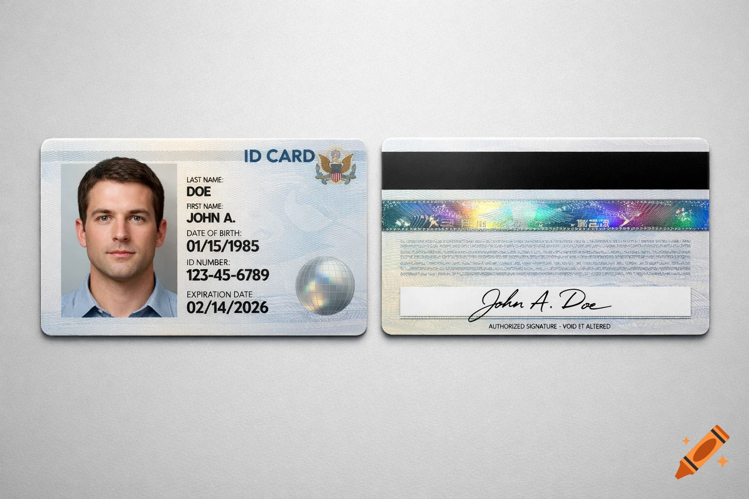 Photorealistic front and back view of a government ID card for John A. Doe, showing photo, name, birth date, ID number, and expiration.