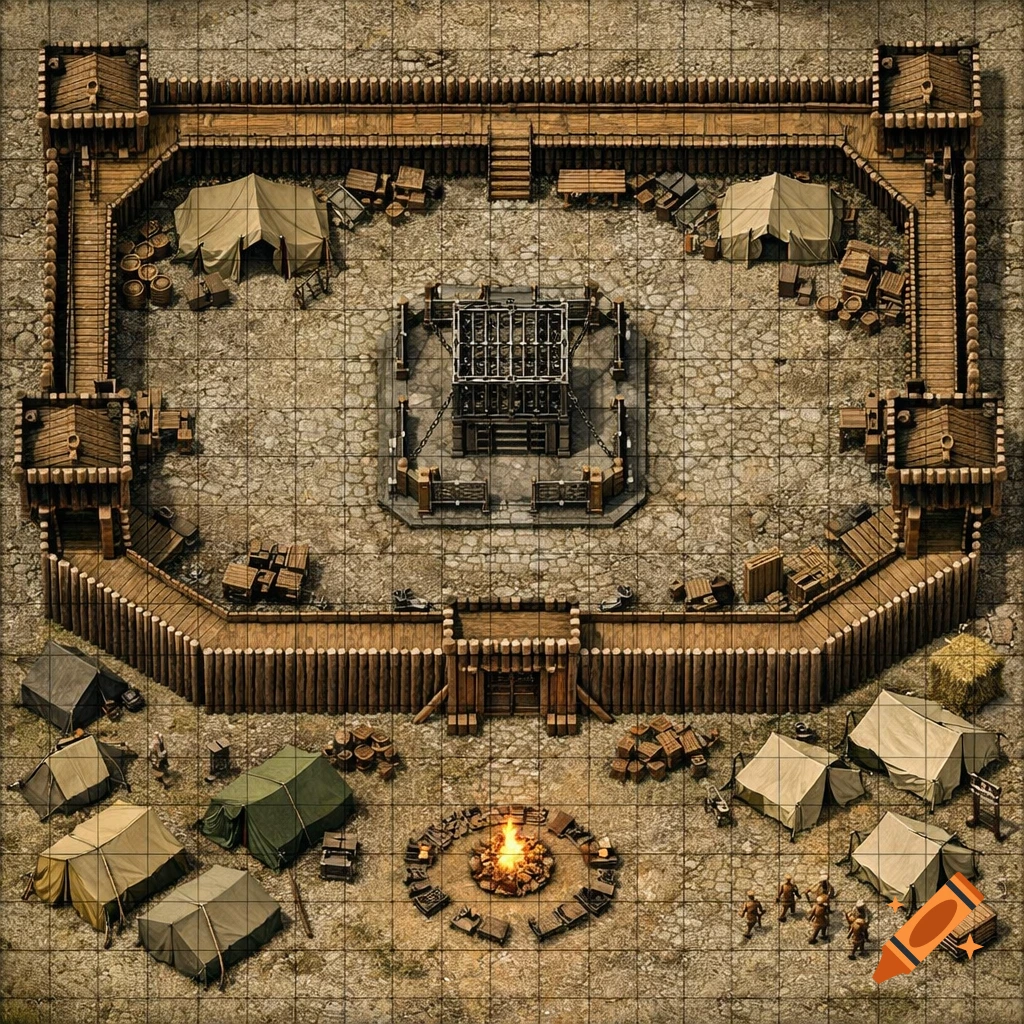 Top-down RPG battlemap of a military camp with a wooden fortress, central iron cage, tents, campfire, and watchtowers, rendered with photorealistic textures and a square grid.