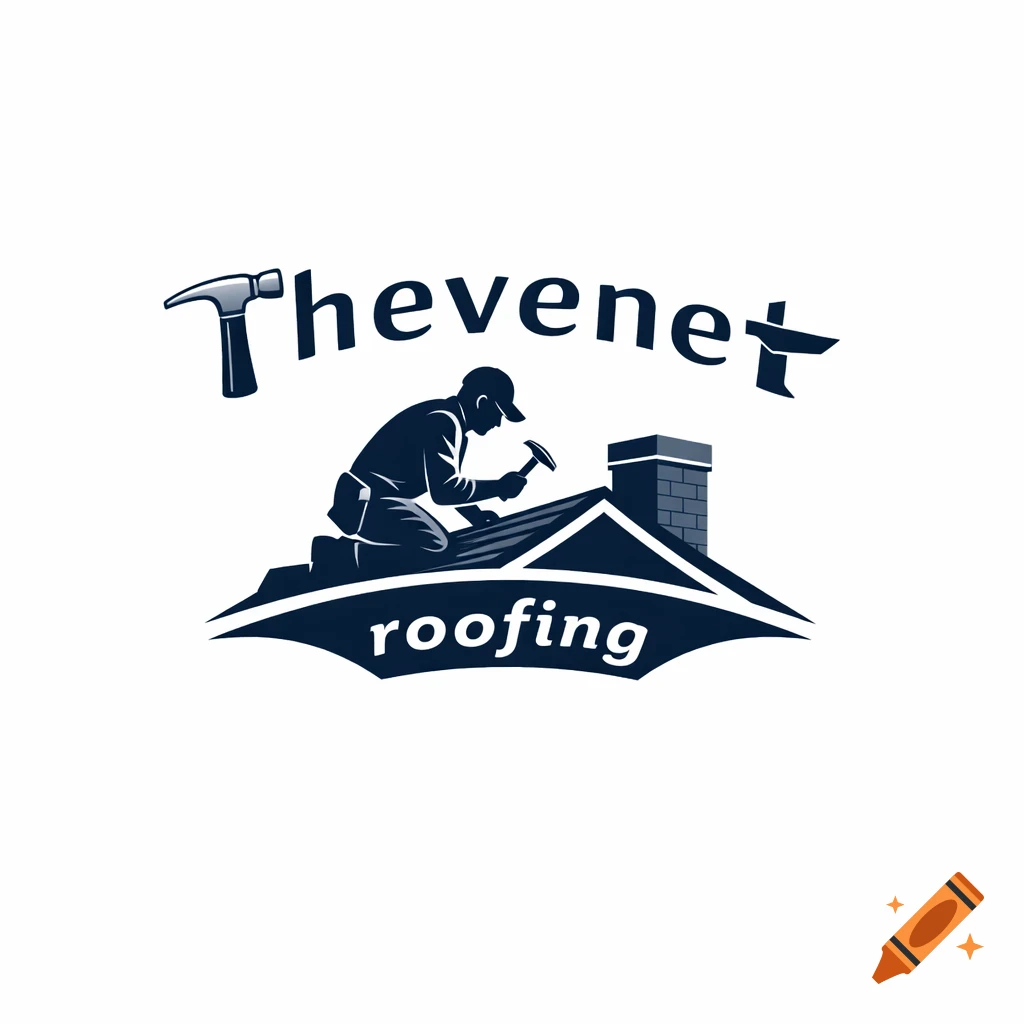 A blue and white logo depicting a roofer on a roof with a chimney. The text 'Thevenet roofing' is present, with a hammer as the first 'T' and an anvil as the last 't'.