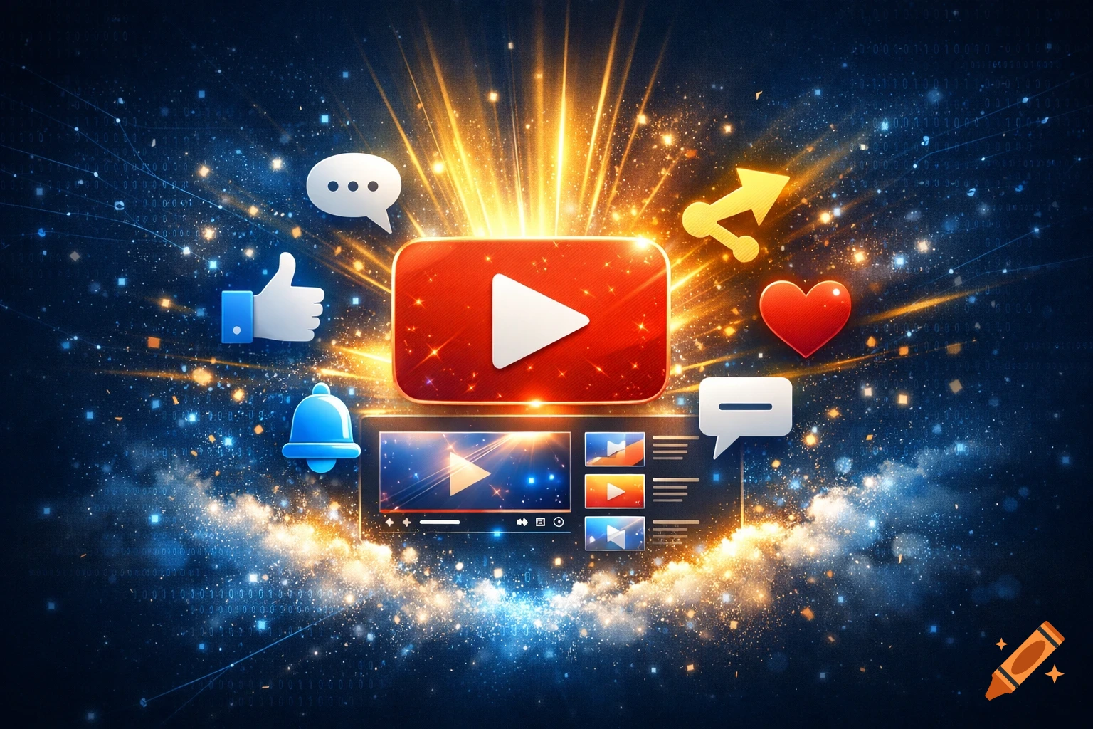 A vibrant illustration of a glowing YouTube play button surrounded by social media icons like thumbs up, bell, heart, and share, on a starry digital background.