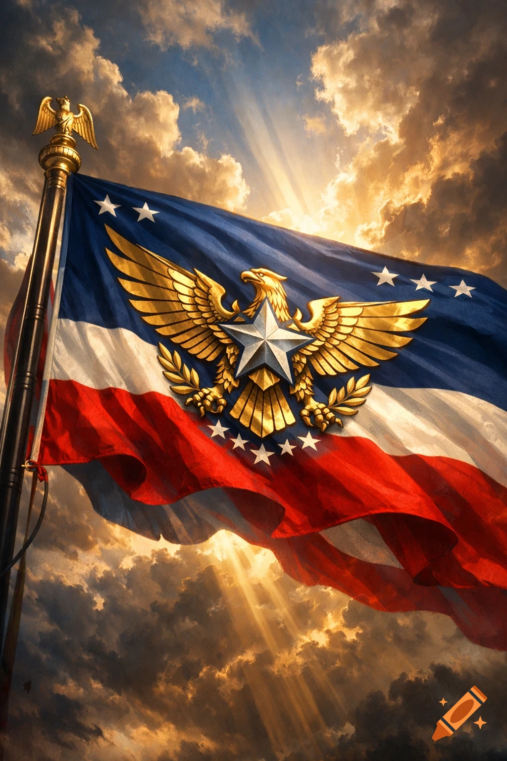 A majestic red, white, and blue flag with a golden eagle and silver star emblem, waving against a dramatic cloudy sky with sunbeams.