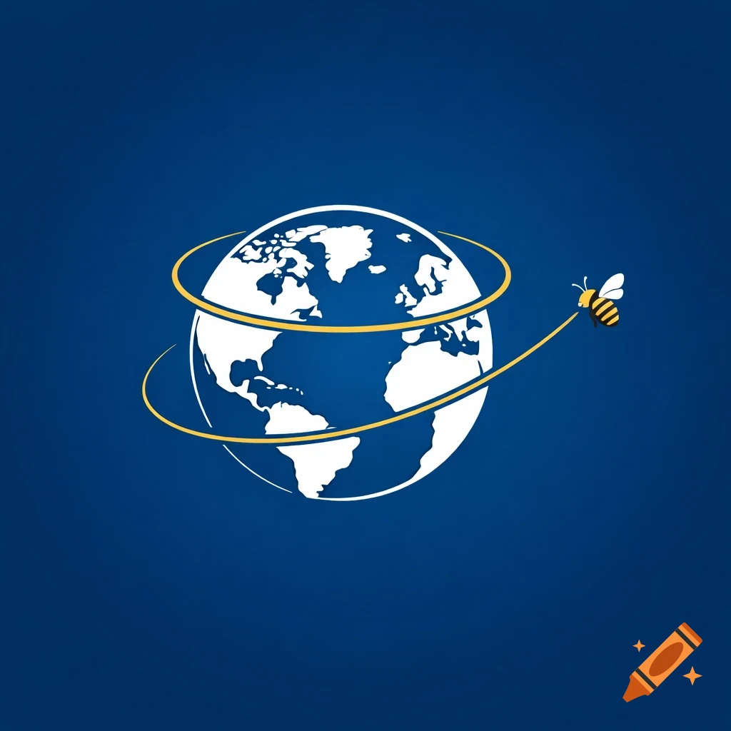 A minimalist logo featuring a white globe with landmasses on a blue background, encircled by a golden ring trailing a small honey bee.