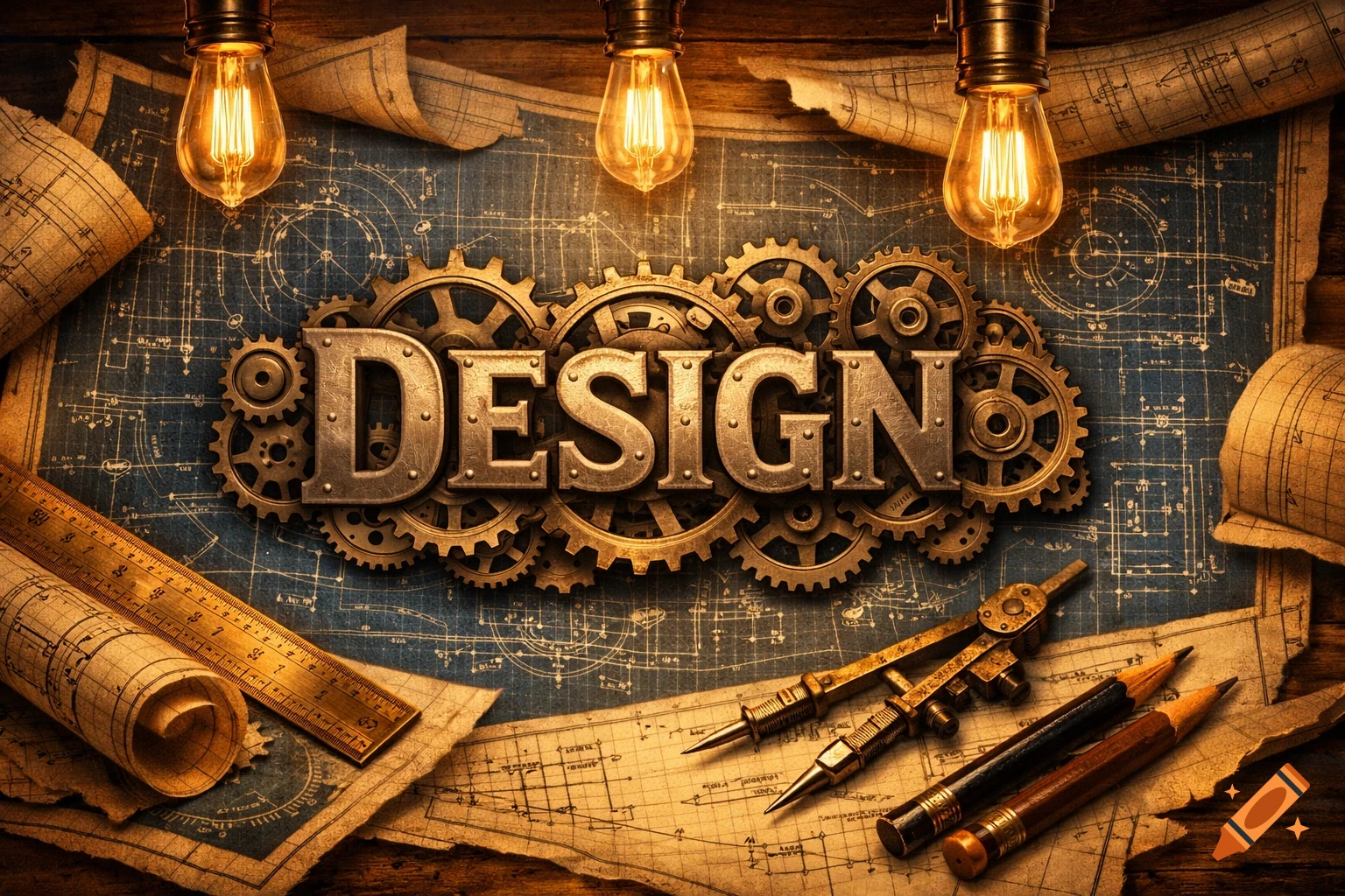 A steampunk-style image featuring the metallic word DESIGN, surrounded by cogs, glowing lightbulbs, blueprints, a ruler, compass, and pencils.