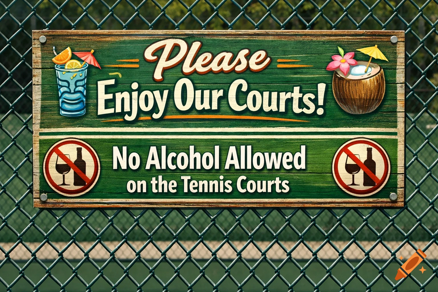 A wooden sign on a tennis court fence reads 'Please Enjoy Our Courts! No Alcohol Allowed on the Tennis Courts' with drink icons.