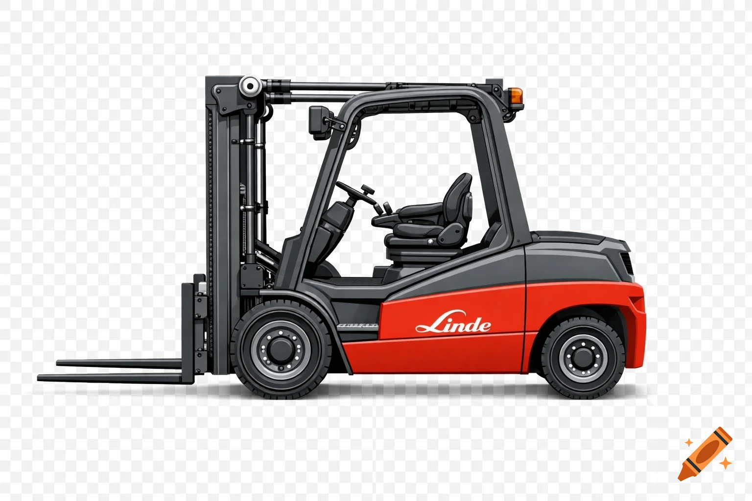 Red and black Linde forklift in a clean, high-quality technical illustration, side view, on a transparent background.