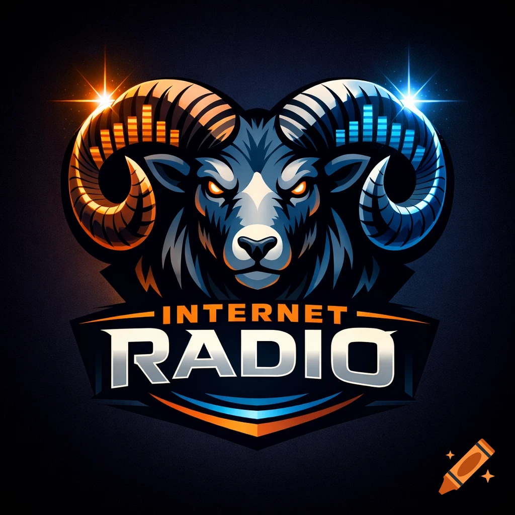 A stylized blue ram's head logo with glowing orange eyes and sound equalizer bar patterns on its horns, above the text "INTERNET RADIO".