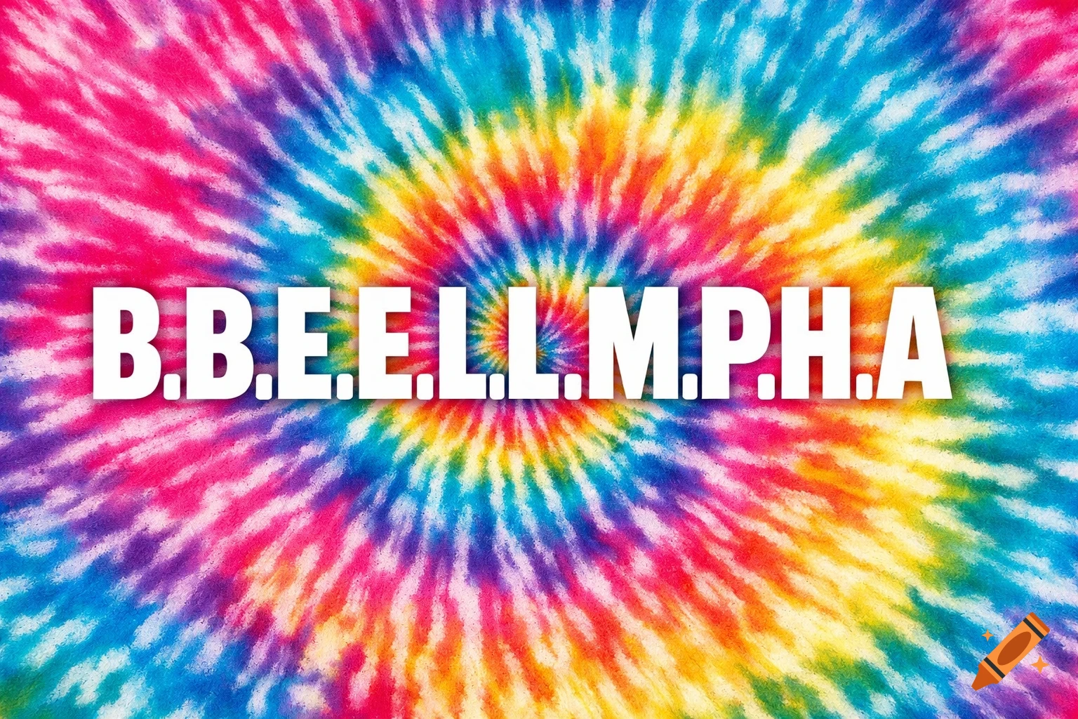 White letters B.B.E.E.L.L.M.P.H.A on a colorful, psychedelic tie-dye background.