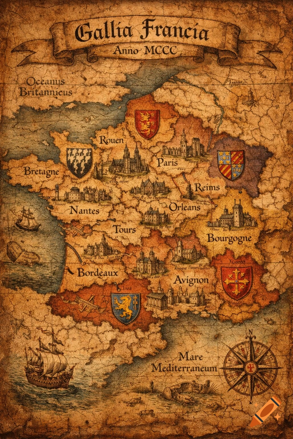 Vintage-style map of France from 1300, showing major cities, regions, coats of arms, and sailing ships.