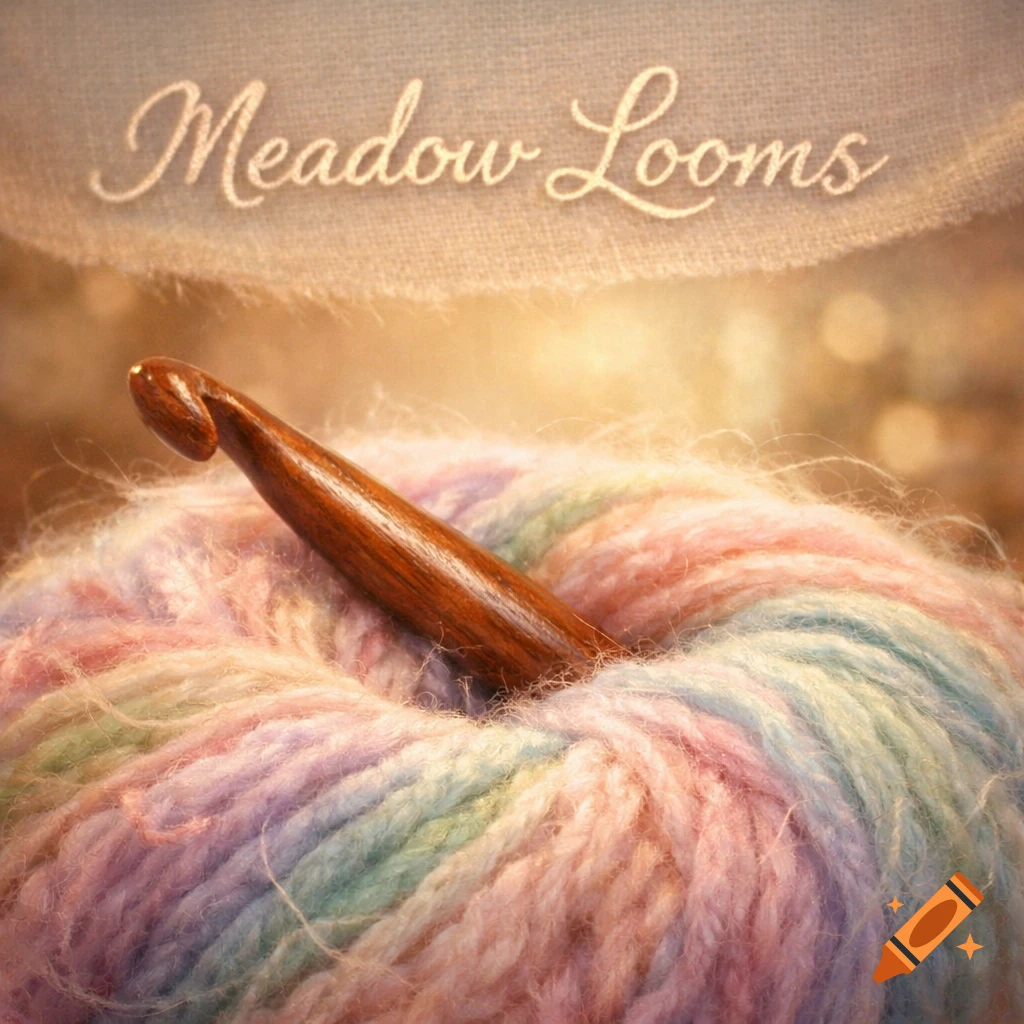 Close-up of a wooden crochet hook in pastel rainbow yarn, with 'Meadow Looms' text above.