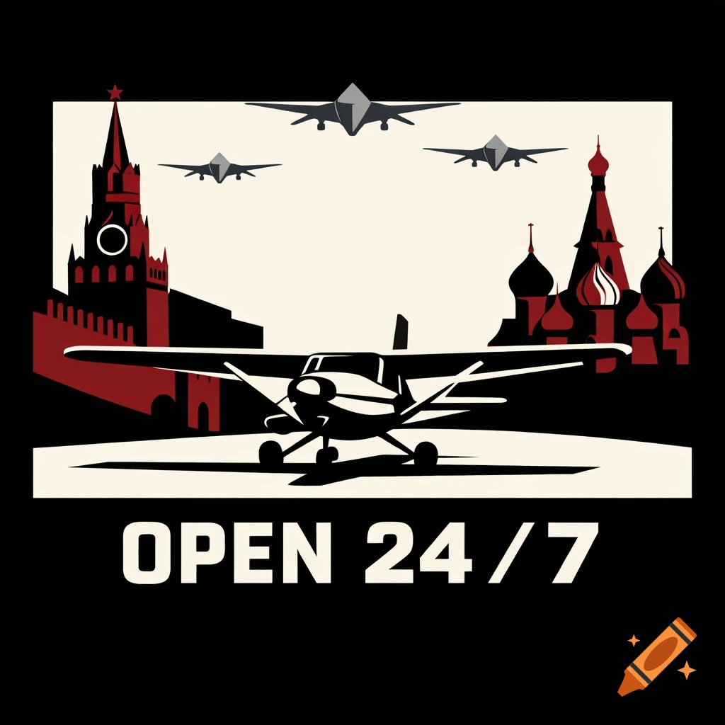 Minimalist vector graphic of a Cessna landing near Moscow's Kremlin and St. Basil's Cathedral, with drones above. Text "OPEN 24/7".