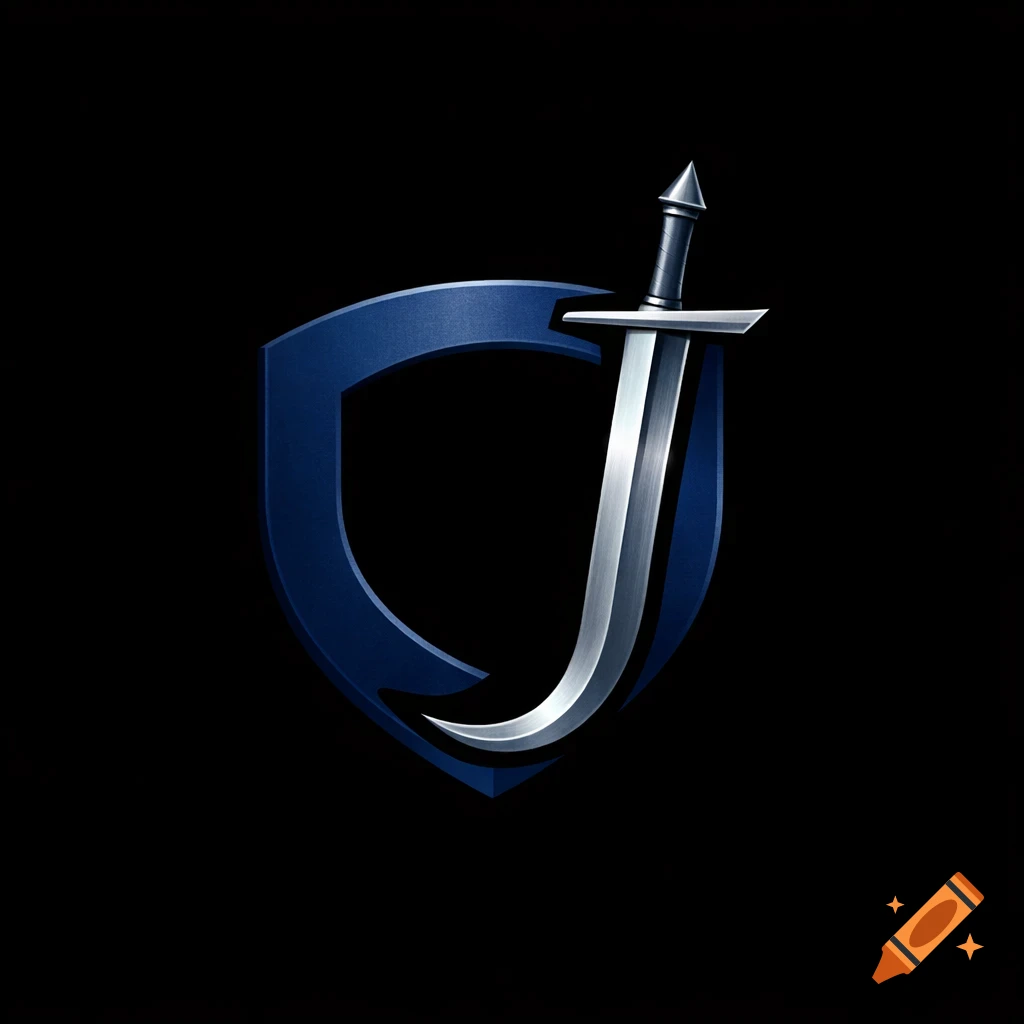 A stylized logo with a dark blue shield shaped like a capital 'C' and a silver sword shaped like a capital 'J' on a black background.