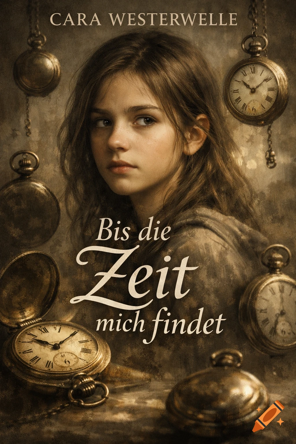 A vintage-style book cover featuring a serious young girl with long brown hair, surrounded by antique pocket watches. The title reads 'Bis die Zeit mich findet' by Cara Westerwelle.