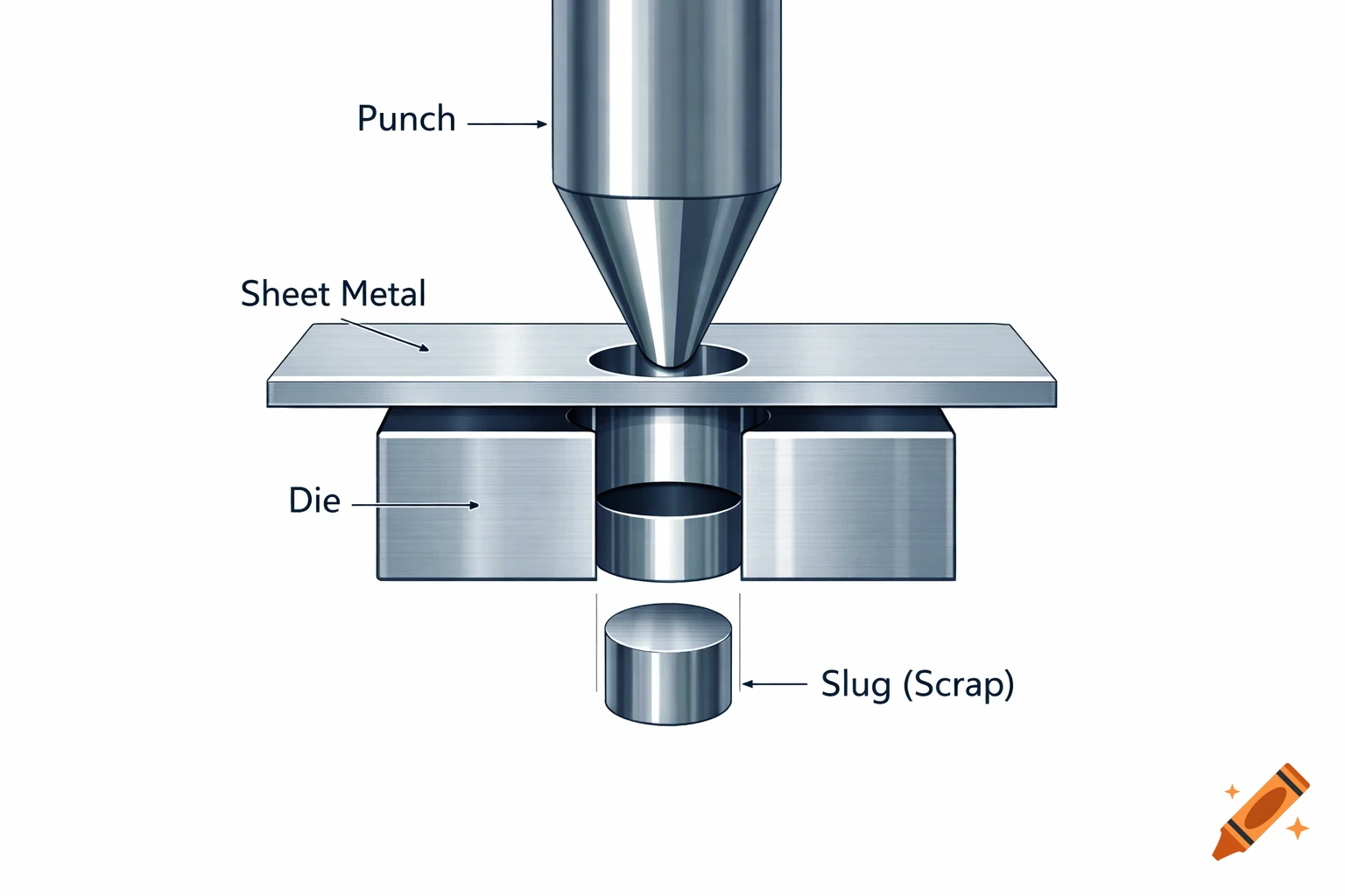 Cross-sectional engineering diagram of sheet metal punching, showing the punch, sheet metal, die, and slug (scrap).