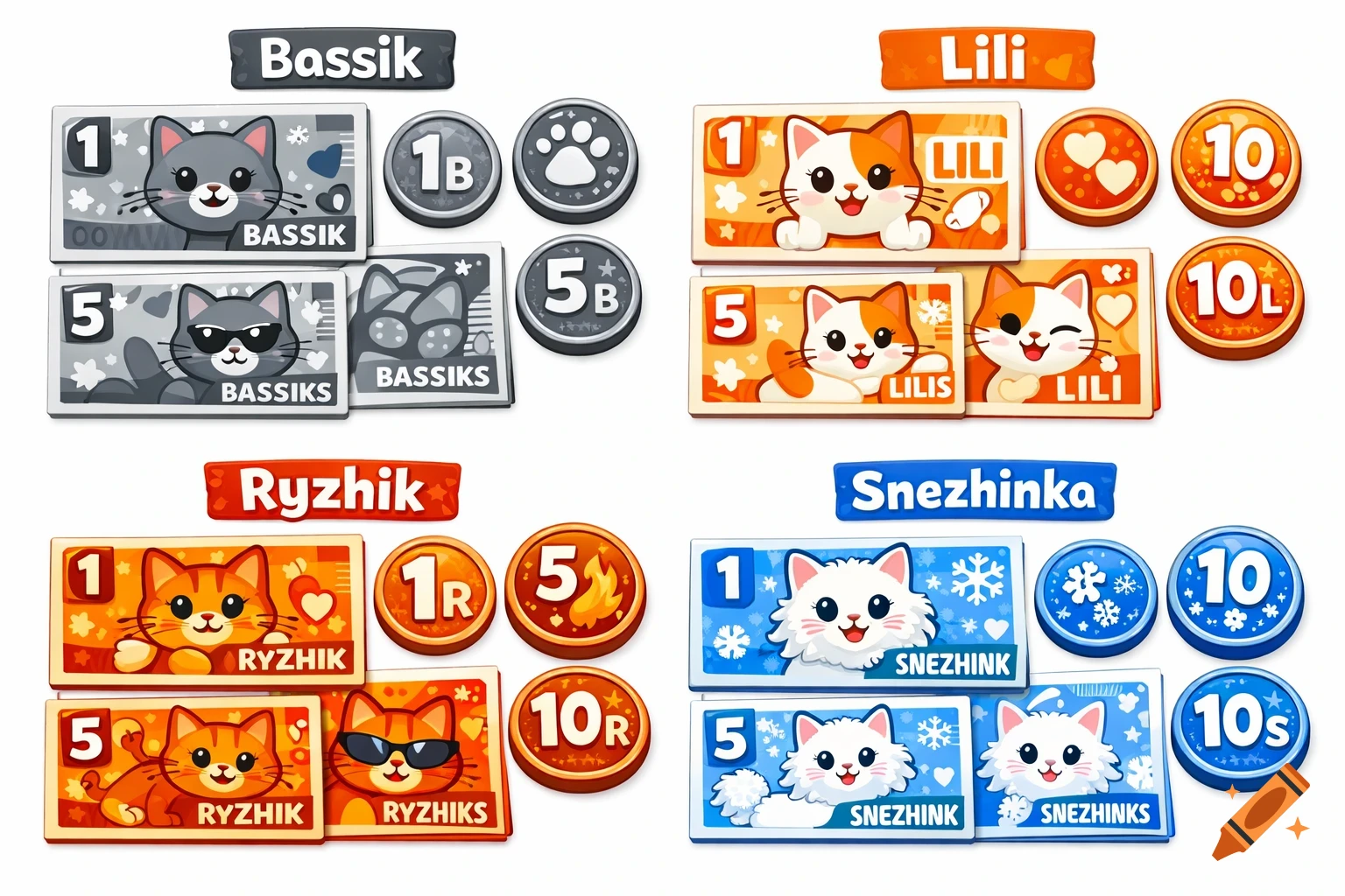 Cartoon money and coins featuring four different cats: Bassik (gray), Lili (white and orange), Ryzhik (ginger), and Snezhinka (white).