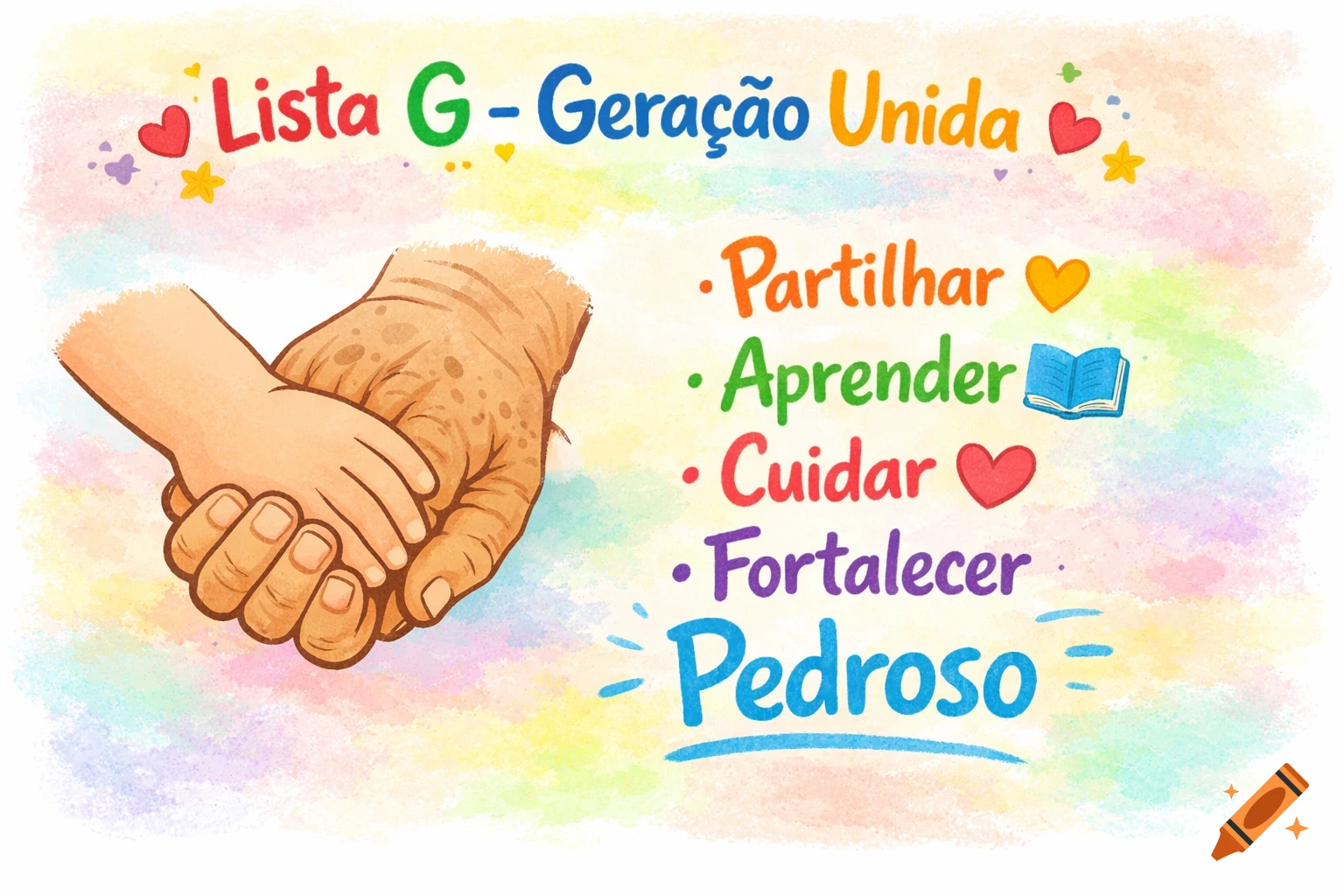 A child's hand holding an elderly hand in a colorful, cheerful illustration. Text about unity, sharing, learning, caring, and strengthening.
