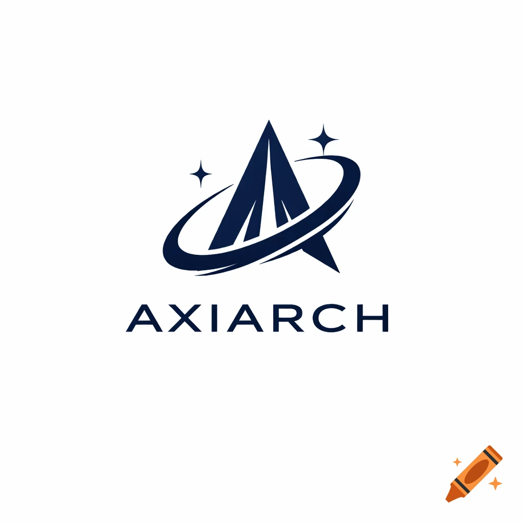 Navy blue logo featuring a stylized letter A, an orbiting ring, and two stars above the word AXIARCH.